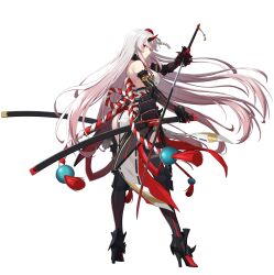 Rule 34 | 1girl, absurdres, armored boots, blue eyes, boots, counter:side, full body, gradient hair, heterochromia, highres, holding, holding sword, holding weapon, horns, japanese clothes, katana, long hair, multicolored hair, nanahara chifuyu, official art, pink eyes, pink hair, sash, single horn, sword, transparent background, very long hair, weapon, white hair