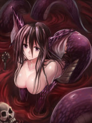 Rule 34 | 1girl, ass, blood, breasts, brown hair, dragon girl, edobox, lamia, large breasts, looking at viewer, monster girl, nude, pointy ears, purple eyes, solo
