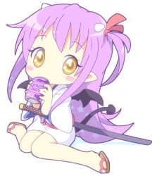 Rule 34 | 1girl, blush stickers, can, chibi, demon tail, demon wings, drink can, hair ornament, hair ribbon, horns, japanese clothes, kimono, long hair, looking at viewer, mirai (sugar), pointy ears, purple hair, ribbon, sandals, sengoku collection, shadow, side ponytail, simple background, sitting, soda can, solo, sword, tail, tsukahara bokuden, tsukahara bokuden (sengoku collection), wariza, weapon, white background, wings, yellow eyes