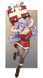 Rule 34 | 1girl, absurdres, alternate costume, black footwear, black pantyhose, boots, border, bow, box, breasts, camilla (fire emblem), christmas, cleavage, collarbone, commentary, commission, dress, english commentary, fire emblem, fire emblem fates, fur trim, gift, gift box, hair over one eye, highres, holding, holding gift, large breasts, long hair, nintendo, one eye covered, open clothes, open mouth, pantyhose, purple eyes, purple hair, red dress, red headwear, santa dress, smile, snowcie, strapless, strapless dress, very long hair, white border, white bow