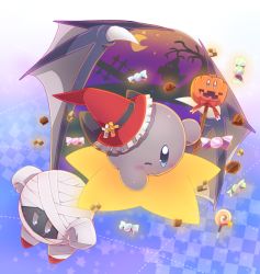 Rule 34 | alternate color, bandages, candy, crescent moon, dark meta knight, food, halloween, hat, jack-o&#039;-lantern, kirby (series), moon, mummy, nintendo, one eye closed, pumpkin, ribbon, scar, shadow kirby, smile, star (symbol), wand, wink, witch, witch hat