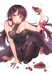 Rule 34 | 1girl, black hair, black pantyhose, blush, bow, breasts, cherry, cleavage, closed mouth, food, fruit, girls&#039; frontline, kneeling, large breasts, long hair, looking at viewer, md5 mismatch, official alternate costume, ozzingo, pantyhose, pie, red bow, red eyes, red ribbon, resolution mismatch, ribbon, solo, source larger, wa2000 (ballroom interlude) (girls&#039; frontline), wa2000 (girls&#039; frontline)