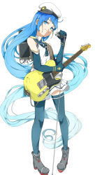 Rule 34 | 10s, 1girl, absurdly long hair, amplifier, bad id, bad pixiv id, black thighhighs, blue eyes, blue hair, elbow gloves, electric guitar, fender (company), fender telecaster, full body, gloves, gradient hair, guitar, hat, highres, instrument, kantai collection, long hair, looking at viewer, matching hair/eyes, microphone, multicolored hair, ninimo nimo, samidare (kancolle), school uniform, serafuku, shirt, simple background, skirt, sleeveless, sleeveless shirt, smile, solo, thighhighs, very long hair, white background