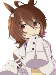 Rule 34 | 1girl, agnes tachyon (umamusume), animal ears, brown hair, closed mouth, coat, hair ornament, highres, horse ears, lab coat, long sleeves, looking at viewer, open clothes, open coat, red eyes, simple background, sleeves past fingers, sleeves past wrists, smile, solo, tyouseki, umamusume, upper body, white background, white coat