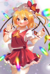 Rule 34 | 1girl, absurdres, ascot, back bow, blonde hair, bow, breasts, cowboy shot, crystal, fang, flandre scarlet, gradient background, grey background, hair between eyes, hat, hat bow, hat ribbon, highres, iris (airisu495), large bow, looking at viewer, medium hair, mob cap, multicolored wings, open mouth, orange eyes, petticoat, puffy short sleeves, puffy sleeves, red bow, red ribbon, red skirt, red vest, ribbon, shirt, short sleeves, simple background, skin fang, skirt, skirt set, small breasts, solo, thighhighs, touhou, vest, white bow, white hat, white shirt, white thighhighs, wings, wrist cuffs, yellow ascot
