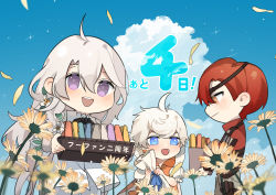 Rule 34 | 3boys, blue eyes, book, braid, cappuccino (food fantasy), chibi, cloud, eyepatch, field, flower, flower field, food fantasy, formal, highres, hood, hood down, long hair, mashed potatoes (food fantasy), minestrone (food fantasy), multiple boys, official art, purple eyes, red hair, short hair, single braid, sky, smile, suit, translated, white hair, white suit