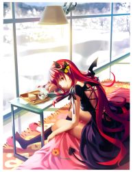 Rule 34 | 1girl, absurdres, black dress, black socks, butterfly hair ornament, cross-laced clothes, demon tail, demon wings, dress, flower, food, hair ornament, head rest, highres, horns, indoors, kneehighs, lamp, lips, long hair, looking at viewer, nail polish, original, parted lips, petals, pink nails, red eyes, red hair, sandwich, scan, slippers, snow, socks, solo, sunflower, tail, very long hair, vofan, wings