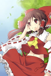 Rule 34 | 1girl, bad id, bad pixiv id, bow, brown eyes, brown hair, detached sleeves, etou (cherry7), female focus, hair bow, hakurei reimu, japanese clothes, midriff, miko, nature, navel, outdoors, plant, ribbon, skirt, sky, smile, solo, touhou, wind