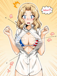 Rule 34 | !?, 1girl, american flag bikini, american flag print, bikini, bikini under clothes, blonde hair, blue eyes, blush, breasts, bursting breasts, buttons, clenched hands, collared shirt, emphasis lines, flag print, flying button, girls und panzer, gradient background, hair intakes, hands up, kay (girls und panzer), large breasts, looking down, medium hair, no pants, oosaka kanagawa, open mouth, popped button, print bikini, shirt, solo, speech bubble, sweat, swimsuit, wavy hair, wavy mouth, white shirt, yellow background