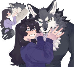 Rule 34 | 1boy, 1girl, animal ears, black hair, black shirt, blush, commentary request, fingernails, furry, furry male, furry with non-furry, green eyes, grey eyes, grey fur, grin, hand in another&#039;s mouth, hands up, hetero, highres, holding another&#039;s head, interspecies, large hands, long hair, long sleeves, looking at another, looking at viewer, multiple views, open mouth, original, purple sweater, rata (norahasu), sharp fingernails, shirt, simple background, smile, sweater, upper body, white background, white fur, wolf boy, wolf ears