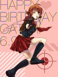Rule 34 | 1girl, akademeia uniform, backpack, bag, breasts, brown hair, cape, cater (fft-0), final fantasy, final fantasy type-0, fork, green eyes, gun, handgun, happy birthday, holding, holding gun, holding weapon, jacket, looking at viewer, midriff, multiple girls, navel, neckwear request, open mouth, pistol, plaid, plaid skirt, red cape, scarf, school uniform, short hair, skirt, smile, solo, stomach, thighhighs, uniform, weapon