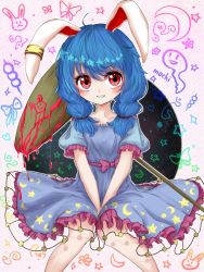 Rule 34 | 1girl, abstract background, ambiguous red liquid, animal ears, bad id, bad pixiv id, between legs, blue dress, blue hair, blush, collarbone, crescent print, cropped legs, dress, earclip, feet out of frame, frilled skirt, frills, grin, hand between legs, head tilt, highres, kayon (touzoku), kine, knees together feet apart, looking at viewer, low twintails, mallet, parted lips, petticoat, puffy short sleeves, puffy sleeves, rabbit ears, red eyes, seiran (touhou), short hair, short sleeves, sitting, skirt, smile, solo, star (symbol), star print, touhou, twintails, upper body