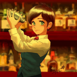 Rule 34 | 1girl, bartender, bottle, brown hair, chutohampa, cocktail shaker, collared shirt, earrings, green eyes, jewelry, long sleeves, looking at viewer, original, red neckwear, shirt, short hair, smile, solo, upper body, white shirt, yellow theme