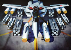 Rule 34 | canopy, choujikuu yousai macross, dirty, hangar, macross, macross: do you remember love?, mecha, missile, missile pod, no humans, nuclear weapon, official art, promotional art, realistic, robot, roundel, scan, science fiction, tenjin hidetaka, traditional media, u.n. spacy, variable fighter, vehicle focus, vf-1