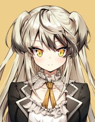 Rule 34 | 1girl, ankkoyom, bad id, bad pixiv id, black hair, blush, breasts, cleavage, closed mouth, desert eagle (girls&#039; frontline), detached collar, eyelashes, frills, girls&#039; frontline, hair flaps, highres, long hair, looking at viewer, medium breasts, mole, mole under eye, multicolored hair, neck ribbon, ribbon, silver hair, simple background, smile, solo, streaked hair, striped ribbon, swept bangs, two side up, upper body, vertical stripes, yellow background, yellow eyes, yellow ribbon