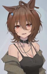 Rule 34 | 1girl, absurdres, agnes tachyon (umamusume), ahoge, animal ears, bare shoulders, black tank top, blush, breasts, brown hair, chain, chain necklace, choker, cleavage, commentary, earrings, gradient background, hair between eyes, highres, horse ears, horse girl, jacket, jacket partially removed, jewelry, looking at viewer, medium breasts, messy hair, necklace, parted lips, photoshop (medium), red eyes, sei (bigaa), short hair, simple background, single earring, solo, tank top, teeth, umamusume