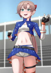 Rule 34 | 1girl, akigumo (kancolle), bandeau, bleachers, blue jacket, blue skirt, blue sky, breasts, brown hair, commentary request, cropped jacket, fence, gloves, green eyes, hair ribbon, jacket, kantai collection, long hair, midriff, mole, mole under eye, multicolored clothes, multicolored gloves, navel, nikku (nzaf5832), official alternate costume, ponytail, race queen, ribbon, shorts, shorts under skirt, skirt, sky, small breasts, solo, standing, white bandeau, white shorts