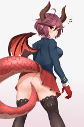 Rule 34 | 1girl, ?, ahoge, ass, black thighhighs, blush, breasts, butt crack, commentary request, dragon girl, dragon horns, dragon tail, dragon wings, frilled skirt, frills, granblue fantasy, grea (shingeki no bahamut), hair between eyes, highres, horns, jacket, large breasts, looking at viewer, looking back, no panties, pointy ears, purple hair, red eyes, red skirt, shingeki no bahamut, short hair, simple background, skirt, solo, tail, tail censor, takitsubo, thighhighs, white background, wings