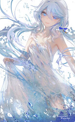 Rule 34 | 1girl, alternate costume, armpits, artist name, blue eyes, cowboy shot, dissolving clothes, dress, drop-shaped pupils, floating hair, furina (genshin impact), genshin impact, hair between eyes, heterochromia, highres, inaeda kei, long hair, looking down, mismatched pupils, open mouth, sidelocks, simple background, skirt hold, solo, symbol-shaped pupils, teeth, upper teeth only, water, white background, white dress, white hair