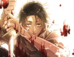 Rule 34 | 1boy, bags under eyes, black hair, blood, blood on face, blood on hands, bloody weapon, blue eyes, expressionless, hair between eyes, hair over one eye, high collar, holding, holding sword, holding weapon, jacket, jewelry, jujutsu kaisen, katana, long sleeves, looking at viewer, male focus, okkotsu yuuta, parted bangs, ring, shirt, simple background, solo, sword, weapon, wedding ring, white background, white jacket