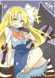 Rule 34 | 1girl, :d, bare shoulders, bat wings, black background, black skirt, black thighhighs, blonde hair, bow, bowtie, character name, crossed legs, dated, hair ribbon, kurumi (touhou), long hair, looking at viewer, matsu kitsune, open mouth, outline, red bow, red bowtie, ribbon, simple background, sitting, skirt, smile, solo, thighhighs, touhou, touhou (pc-98), white outline, white ribbon, wings, yellow eyes