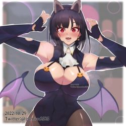 Rule 34 | 1girl, absurdres, alternate costume, animal ears, ascot, bat ears, bat wings, black gloves, black hair, black leotard, black pantyhose, breasts, earrings, elbow gloves, fake animal ears, fake wings, fangs, fingerless gloves, gloves, halloween costume, heart, heart-shaped pupils, highres, jewelry, kantai collection, large breasts, leotard, low wings, open mouth, pantyhose, red eyes, short hair, solo, symbol-shaped pupils, takao (kancolle), white ascot, wings, zumizu
