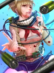 Rule 34 | 1girl, artist name, bearwitch, blonde hair, blood, blood on face, bloody knife, bloody weapon, blue skirt, boku no hero academia, breasts, brown eyes, character name, covered erect nipples, cowboy shot, double bun, earrings, hair bun, highres, holding, holding knife, holding weapon, jewelry, knife, long sleeves, looking at viewer, looking down, medium breasts, miniskirt, neckerchief, open clothes, pleated skirt, reaching, reaching towards viewer, red neckerchief, sailor collar, sarashi, sidelocks, skirt, solo, toga himiko, weapon