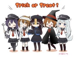 Rule 34 | 10s, 5girls, :d, ^ ^, akatsuki (kancolle), animal ears, badge, black skirt, black socks, brown hair, closed eyes, closed mouth, commentary request, demon horns, demon tail, fang, female admiral (kancolle), flat cap, folded ponytail, halloween, halloween costume, hat, hibiki (kancolle), horns, ikazuchi (kancolle), inazuma (kancolle), kantai collection, kneehighs, little girl admiral (kancolle), long hair, migu (migmig), multiple girls, one eye closed, open mouth, pantyhose, pleated skirt, ponytail, purple hair, school uniform, serafuku, short hair, silver hair, skirt, smile, socks, tail, thighhighs, trick or treat, twitter username, witch hat