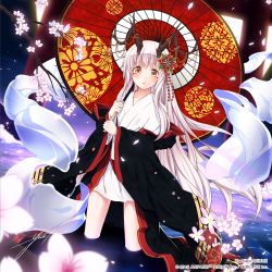 Rule 34 | 1girl, cherry blossoms, hair ornament, horns, japanese clothes, kimono, long hair, off shoulder, oil-paper umbrella, original, partially submerged, petals, solo, standing, ugume, umbrella, very long hair, wading, white hair, yellow eyes