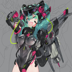 Rule 34 | 1girl, aqua eyes, aqua hair, bare hips, black nails, blush, breasts, blowing bubbles, chewing gum, cowboy shot, fingerless gloves, gloves, goggles, goggles on head, grandia lee, grey background, grey leotard, gun, headgear, headset, highres, holding, holding gun, holding weapon, leotard, long hair, long sleeves, looking at viewer, mecha musume, medium breasts, nail polish, original, pink gloves, shiny clothes, skin tight, solo, symbol in eye, twintails, weapon, zoom layer