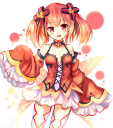 Rule 34 | 1girl, alyn (fairy fencer f), arin, bare shoulders, blush, breasts, choker, collarbone, cross, detached sleeves, fairy fencer f, fairy wings, gradient background, hair ribbon, lolita fashion, long sleeves, multicolored hair, open mouth, red eyes, red hair, red skirt, ribbon, sakura ani, sitting, skirt, sleeves past wrists, small breasts, smile, solo, thighhighs, twintails, two-tone hair, white thighhighs, wings