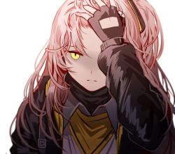 Rule 34 | 1girl, armband, bad id, bad twitter id, black jacket, girls&#039; frontline, gloves, grey hair, hair between eyes, hair ornament, hand in own hair, hand on own head, hood, hood down, hooded jacket, jacket, long hair, looking at viewer, one side up, open clothes, open jacket, parted lips, scar, scar across eye, scar on face, scarf, shirt, silence girl, ump45 (girls&#039; frontline), upper body, white shirt, yellow eyes