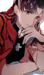 Rule 34 | 1girl, biiko (king1015g), cigarette, closed eyes, cross, cross necklace, highres, holding, holding cigarette, jacket, jewelry, katsuragi misato, necklace, neon genesis evangelion, portrait, purple hair, red eyes, red jacket, simple background, solo, white background
