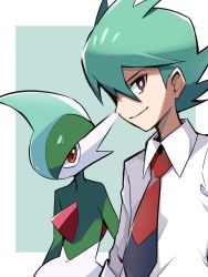 Rule 34 | 1boy, ayo (ayosanri009), border, bright pupils, closed mouth, collared shirt, commentary request, creatures (company), gallade, game freak, gen 4 pokemon, green background, green hair, looking at viewer, male focus, necktie, nintendo, outside border, pokemon, pokemon (anime), pokemon (creature), pokemon journeys, purple eyes, red neckwear, rinto (pokemon), shirt, short hair, smile, upper body, white border, white pupils, white shirt