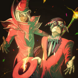 Rule 34 | 2boys, absurdres, alternate color, black background, black hair, bow, bowtie, collared shirt, confetti, dark-skinned male, dark magician, dark skin, duel monster, fire, grey hair, hat, highres, jacket, long hair, long sleeves, looking at viewer, male focus, multiple boys, pandora (yu-gi-oh!), parted lips, ponytail, red eyes, red headwear, red jacket, shirt, striped bow, striped bowtie, striped clothes, striped shirt, top hat, unworn hat, unworn headwear, upper body, wizard hat, y (pixiv1616946), yu-gi-oh!, yu-gi-oh! duel monsters