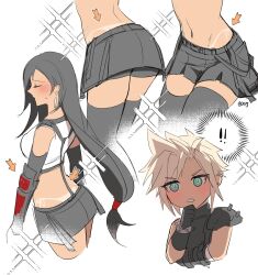 Rule 34 | !, !!, 1boy, 1girl, arm guards, armor, arrow (symbol), bare shoulders, bike shorts under skirt, black gloves, black hair, black skirt, black thighhighs, blonde hair, blue eyes, blush, closed eyes, cloud strife, commentary, crop top, cropped legs, cropped torso, duoj ji, earrings, elbow gloves, final fantasy, final fantasy vii, final fantasy vii ever crisis, final fantasy vii remake, gloves, hand on own chin, highres, jewelry, long hair, low-tied long hair, lower body, midriff, multiple views, navel, parted lips, profile, shoulder armor, single bare shoulder, single earring, skirt, sleeveless, sleeveless turtleneck, sparkle, spiked hair, stomach, sweatdrop, sweater, swept bangs, symbol-only commentary, tan, tank top, tanline, teardrop earrings, thighhighs, tifa lockhart, tifa lockhart (lifeguard), turtleneck, turtleneck sweater, twitter username, upper body, very long hair, white tank top