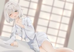 Rule 34 | 1girl, 258n, alternate costume, arm support, blurry, blurry background, blush, breasts, collarbone, depth of field, dutch angle, green eyes, grey robe, hair intakes, hand on own chin, hand up, highres, indoors, konpaku youmu, looking at viewer, lying, medium breasts, no headwear, on bed, on side, one eye closed, open mouth, raised eyebrows, robe, short hair, silver hair, sitting, sleepy, sleeves past elbows, solo, touhou, waking up, wide sleeves, yokozuwari