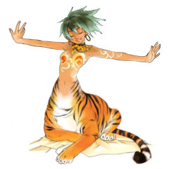 Rule 34 | 1girl, breasts, centauroid, closed eyes, earrings, female focus, green hair, hoop earrings, jewelry, monster girl, necklace, outstretched arms, simple background, solo, spread arms, taur, tiger, white background