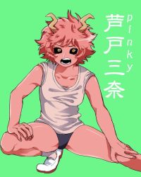 Rule 34 | 10s, 1girl, ashido mina, bare legs, black sclera, boku no hero academia, breasts, collarbone, colored sclera, colored skin, green background, gym shorts, horns, legs, looking at viewer, medium breasts, open mouth, pink hair, pink skin, shirt, short hair, short sleeves, shorts, simple background, solo, squatting, stretching, teeth, text focus, thighs