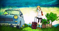 Rule 34 | 1girl, bag, blonde hair, car, flower, glasses, grass, highres, house, light smile, long hair, motor vehicle, redjuice, road sign, rolling suitcase, sandals, sign, sky, solo, star (symbol), suitcase, supercell (band), tree, vehicle, yellow eyes