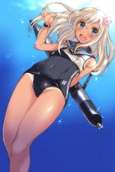 Rule 34 | 10s, 1girl, :d, bare legs, bare shoulders, blue eyes, blush, child, covered navel, crop top, crop top overhang, flower, hair flower, hair ornament, hibiscus, highres, kantai collection, long hair, neckerchief, one-piece swimsuit, open mouth, ro-500 (kancolle), sahuyaiya, sailor collar, school swimsuit, silver hair, smile, solo, swimsuit, swimsuit under clothes, tan, tanline, torpedo