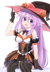 Rule 34 | 1girl, absurdres, adult neptune, arm up, bare shoulders, black bow, black bowtie, black dress, black gloves, black thighhighs, blush, bow, bowtie, breasts, choujigen game neptune, cleavage, commentary request, detached collar, dress, gloves, hair between eyes, hat, highres, long hair, looking at viewer, medium breasts, naoya (naoya ee), neptune (series), open mouth, pumpkin, purple eyes, purple hair, shin jigen game neptune vii, sidelocks, simple background, sitting, solo, striped clothes, striped thighhighs, thighhighs, vertical-striped clothes, vertical-striped thighhighs, white background, witch hat