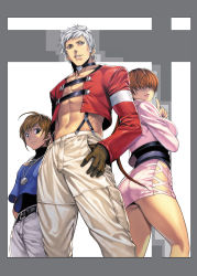 Rule 34 | 1girl, 2boys, abs, ass, border, brown hair, character name, chris, hair over eyes, highres, homare (fool&#039;s art), legs, microskirt, multiple boys, nanakase yashiro, ponytail, shermie (kof), side slit, skirt, snk, striped, striped background, suspenders, the king of fighters, thighs, white hair
