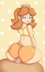 Rule 34 | 1boy, 1girl, ass, blue eyes, brown hair, buttjob, buttjob over clothes, crown, earrings, flower earrings, gym uniform, highres, huge ass, jewelry, looking back, mario (series), nintendo, penis, precum, princess daisy, rubbing, sitting, sitting on person, super mario bros. 1, tagme, thick thighs, thighs, uncensored