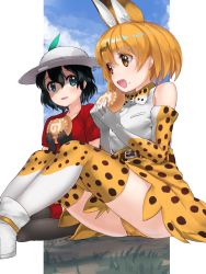 Rule 34 | 10s, 2girls, animal ears, black hair, black legwear, blush, bow, bowtie, bucket hat, elbow gloves, food, gloves, green eyes, hat, highres, holding, holding food, japari bun, kaban (kemono friends), kemono friends, looking at another, multicolored bowtie, multicolored clothes, multicolored gloves, multicolored legwear, multiple girls, open mouth, orange bow, orange bowtie, orange eyes, orange gloves, orange hair, orange legwear, orange panties, panties, pantyhose, parted lips, serval (kemono friends), short hair, smile, tadano magu, thighhighs, underwear, white bow, white bowtie, white gloves, white legwear