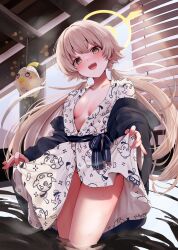 Rule 34 | 1girl, absurdres, bath yukata, blue archive, blush, breasts, collarbone, cowboy shot, groin, halo, hifumi (blue archive), highres, japanese clothes, kimono, light brown hair, long hair, looking at viewer, low twintails, narushima kanna, obi, onsen, open mouth, partially submerged, peroro (blue archive), sash, small breasts, smile, solo, twintails, water, white kimono, yellow eyes, yellow halo, yukata