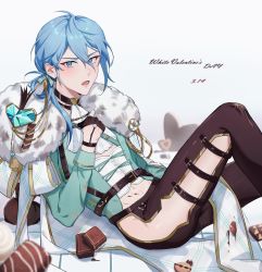 Rule 34 | 1boy, absurdres, ascot, black gloves, blue eyes, blue hair, blush, candy, chocolate, chocolate bar, chocolate on body, chocolate on clothes, edmond (nu carnival), food, food on body, fur trim, gem, gloves, hair ribbon, half gloves, highres, light blue hair, long hair, long sleeves, looking at viewer, low ponytail, male focus, navel, nu carnival, open mouth, ribbon, tassel, white ascot, white day, xianliang ban