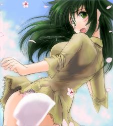 Rule 34 | 1girl, blush, breasts, censored, cherry blossoms, convenient censoring, d:, day, flower, from behind, green eyes, green hair, jochuu-san, looking back, lowres, matching hair/eyes, oekaki, open mouth, original, petal censor, petals, sky, solo, wind, wind lift, yagisaka seto