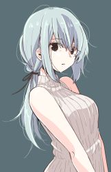 Rule 34 | 1girl, bare arms, bare shoulders, black eyes, blue background, blue hair, breasts, commentary request, eyebrows, from side, hair tie, highres, long hair, looking at viewer, low ponytail, matsuda hikari, medium breasts, messy hair, nikotamu, original, pale skin, parted lips, ribbed sweater, simple background, sleeveless, solo, sweater, sweater vest, turtleneck, upper body, v arms, white sweater