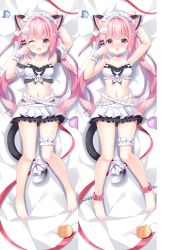 Rule 34 | 1girl, :o, animal ears, ankle cuffs, arm scrunchie, arm up, armpits, barefoot, bed sheet, blush, bow, bridal garter, cat ears, cat girl, cat tail, choker, collarbone, crop top, dakimakura (medium), detached sleeves, fang, fengshen chino, halterneck, hand up, heart, highres, long hair, looking at viewer, lying, maid, maid headdress, miniskirt, multiple views, navel, on back, on bed, one eye closed, original, pink choker, pink eyes, pink hair, restrained, short sleeves, skin fang, skirt, tail, tail bow, tail ornament, toes